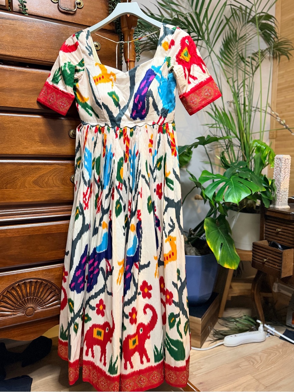 Handmade Vintage Adras Silk Boho Ivory Kalamkari  Maxi Dress- size S